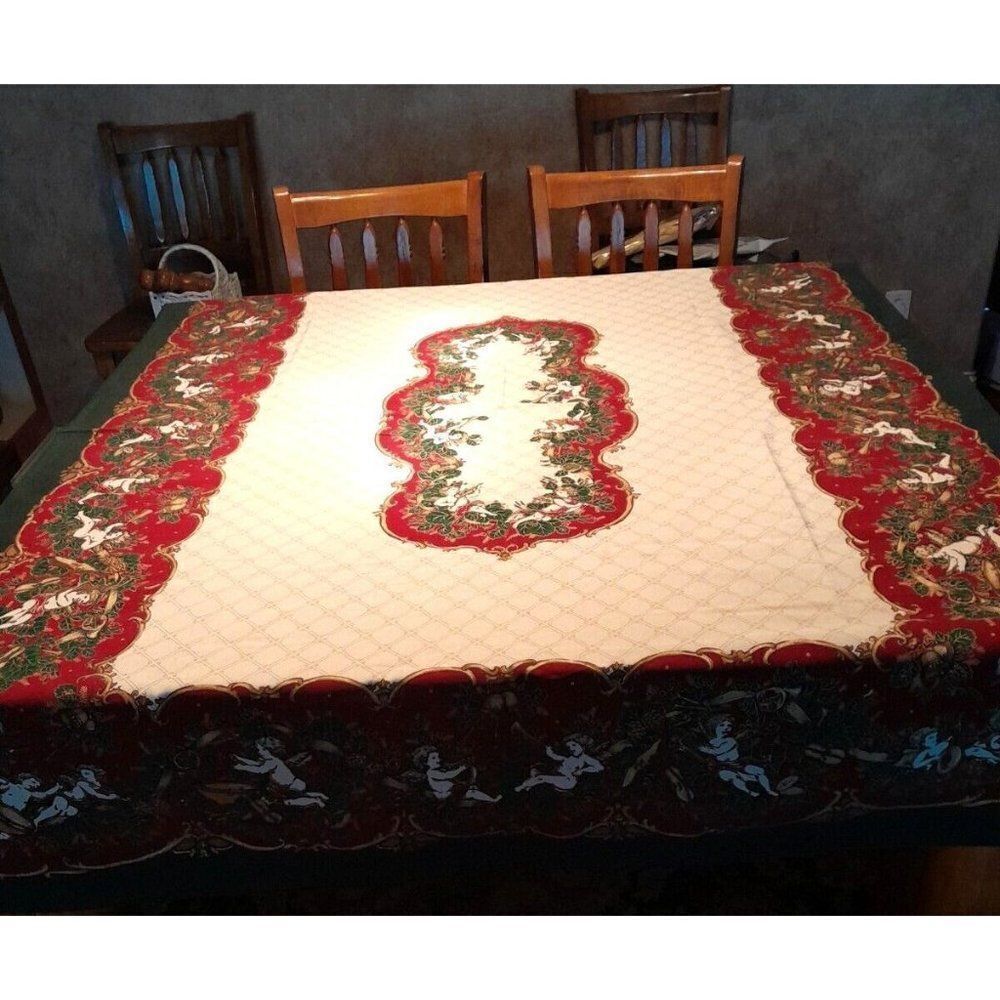 Vintage Christmas Cherubs Tablecloth Rectangle 70x51 Fashion Industries - READ